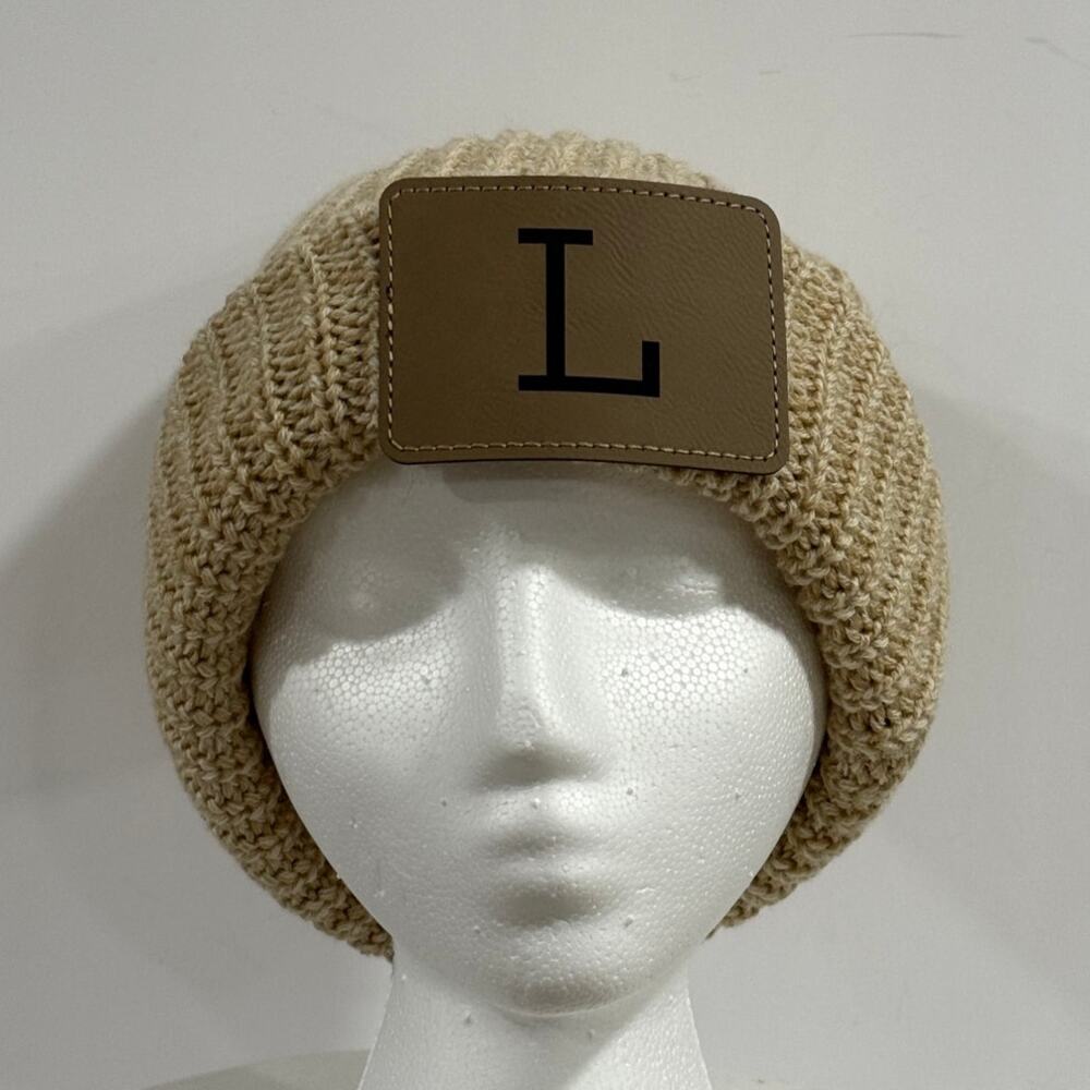 Chunky Knit Slouchy Beanie Neutral Acrylic Cozy Winter Hat Leather Patch